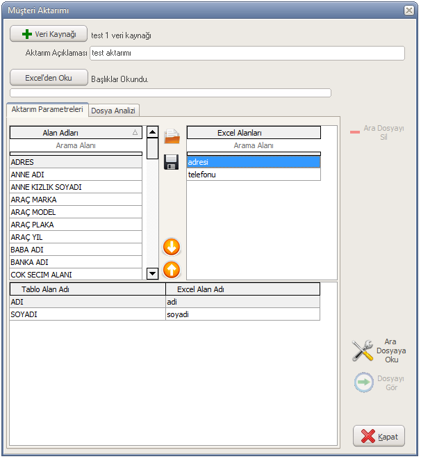 Excel'den Müşteri Aktarım Ekranı